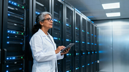 Woman in lab coat monitors innovative technology in data center