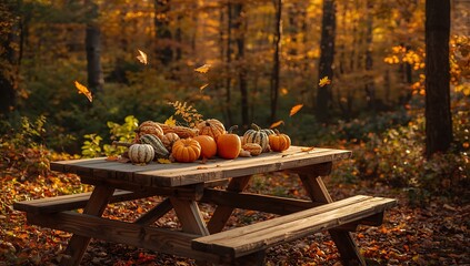 Autumn pumpkins gourds on picnic table in fall forest scenic seasonal background