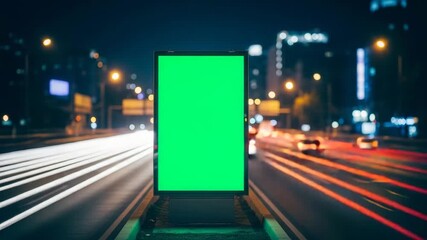 Vertical green screen billboard at night on a busy city street with traffic light trails and bokeh lights - Powered by Adobe