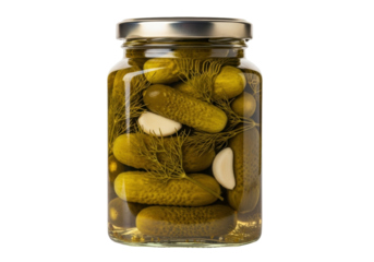 Isolated image of jarred pickles with garlic and dill ready for a nutritious snack or relish