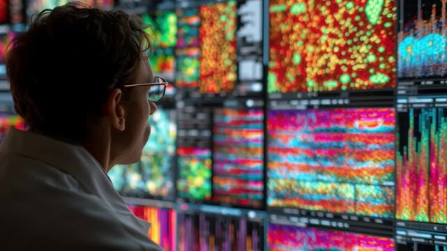 Scientific data analysis Depict a researcher immersed in a panoramic digital display showing complex, color-coded graphs, heat maps, and statistical distributions derived from massive biological datas