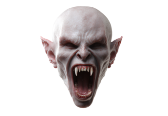Creepy vampire face close up with open mouth and long teeth isolated on transparent background for horror concept