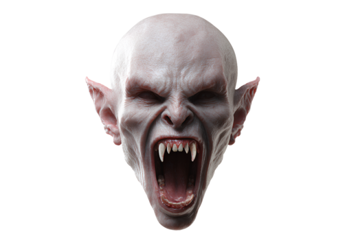 Creepy vampire face close up with open mouth and long teeth isolated on transparent background for horror concept