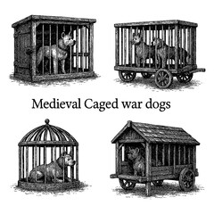 Medieval War Dogs in Wooden Cages Vintage Engraving Style Transparent Background