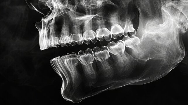 X-ray image of a human jawbone, showcasing intricate dental structures and contours, highlighting the beauty of anatomy in a striking monochrome format