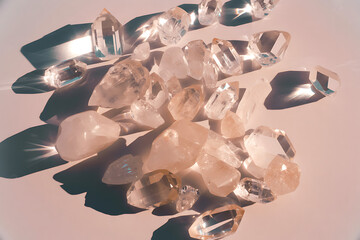 A pile of clear and rose quartz crystals on a white surface