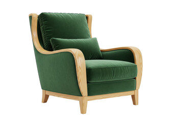 Fototapeta premium Isolated green armchair with wooden frame provides comfortable stylish seating for home living
