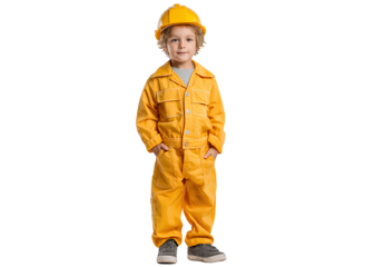 Full length portrait of toddler wearing yellow work overalls and construction safety helmet standing against transparent background