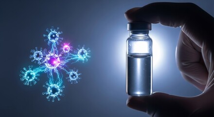 Vaccine vial and glowing viruses in medical research concept