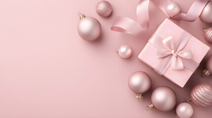 Elegant pink holiday layout with soft matte ornaments, satin ribbon, gift box in corner, large clean space for text 