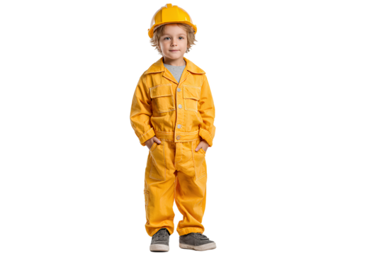 Full length portrait of toddler wearing yellow work overalls and construction safety helmet standing against transparent background