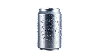 Shiny silver aluminum beverage can with cold condensation water droplets, isolated on a white background for easy use as a transparent png