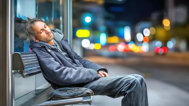 Drunk man sleeping at bus stop, loneliness, cold night atmosphere, blurred background, with copy space