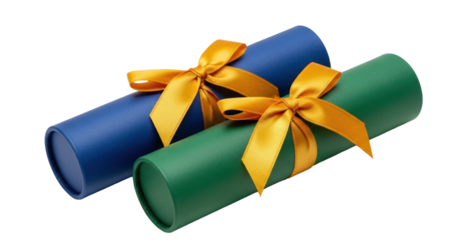 Isolated two graduation diplomas with golden ribbons, academic degree, honor, achievement