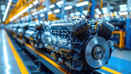 Fototapeta premium Row of chrome engines on automated factory line under cool industrial light symbolizing precision engineering, automotive innovation and advanced manufacturing power