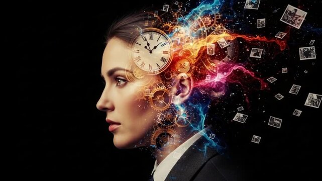 Abstract representation of a womans mind with a clock and colorful energy bursts.