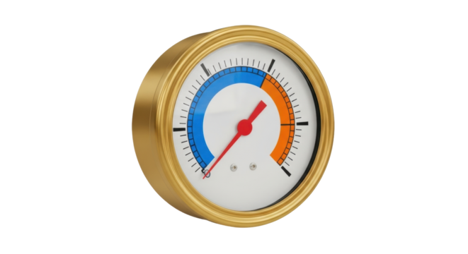 Isolated brass gauge showing normal pressure for boilers and hot water systems and equipment