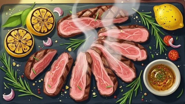 Top view animated illustration of grilled steak slices on a slate board with steam rising. Delicious medium rare beef dinner served with rosemary, lemon, and sauce. Anime style food art