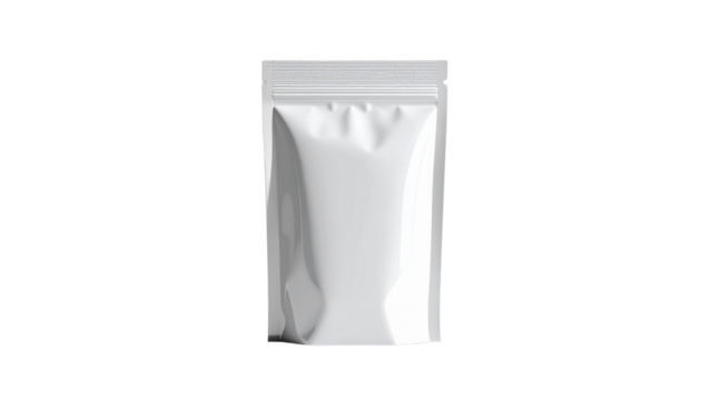 A versatile white blank stand-up pouch with a zipper, perfect for product packaging mockups, isolated on a white background as a clean design element 73