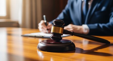 Justice and law: gavel on desk with attorney writing legal document