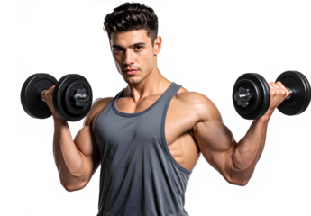 Handsome man lifting dumbbells during workout isolated on white background for fitness or bodybuilding concept