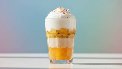 Fresh tropical refreshment concept shown in a layered glass with fruit and cream. Scene represents growing interest in wellness oriented beverages