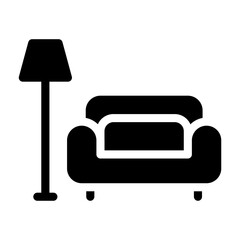 Bold glyph icon of a sofa and lamp, filled home interior furniture silhouette.