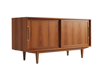 Isolated walnut media console with sliding doors, Scandinavian mid-century modern style