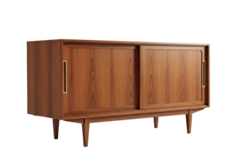 Isolated walnut media console with sliding doors, Scandinavian mid-century modern style