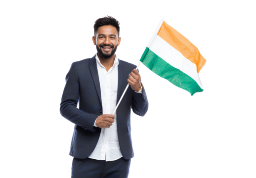 Happy smiling indian man wearing suit holding and waving india national flag isolated on transparent background