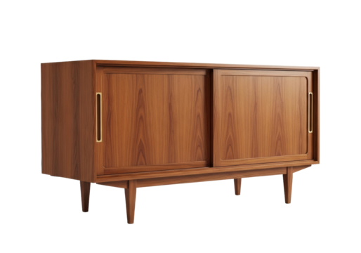 Isolated walnut media console with sliding doors, Scandinavian mid-century modern style