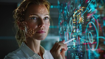 Smart business planning Illustrate a woman using a stylus on a large, futuristic holographic screen to dynamically manipulate financial projections and strategy diagrams, emphasizing high-tech, data-d - Powered by Adobe