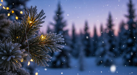 Close-up of a frosted pine branch with yellow string light, set against a snowy forest at dusk, representing a festive winter scene, holiday spirit