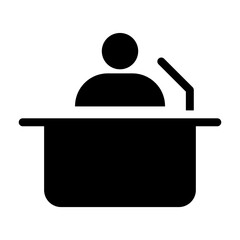 Bold glyph icon of a podium speaker, filled communication seminar symbol.