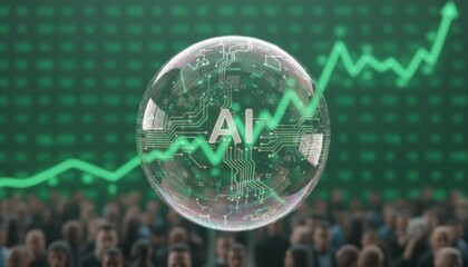 Transparent ai sphere floats before crowd and rising stock chart hinting at technology bubble hype and market risk