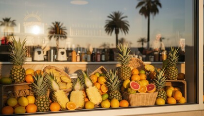 Sunlit juice bar window filled with pineapple citrus and tropical fruit suggesting healthy summer refreshment holiday mood in coastal city like miami or barcelona