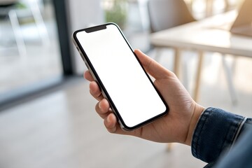 Hand holding smartphone with blank white screen in modern indoor setting, perfect for app mockup, UI/UX design, and digital technology concepts.