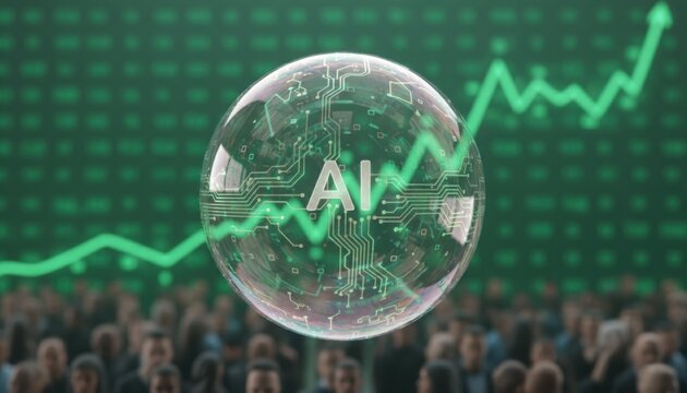 Transparent ai sphere floats before crowd and rising stock chart hinting at technology bubble hype and market risk