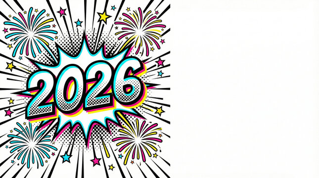 Colorful Pop Art Style New Year 2026 Celebration Background with Fireworks and Copy Space