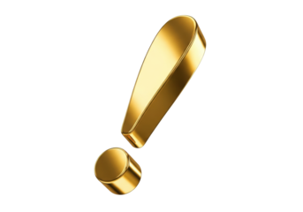 Isolated 3D rendering of a bold gold exclamation point conveys urgent importance, alert