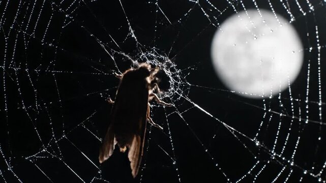 Moth trapped in spiderweb against a background of full moon at night
