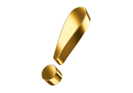 Isolated 3D rendering of a bold gold exclamation point conveys urgent importance, alert