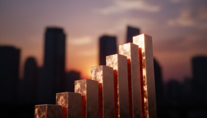 Abstract gold bar chart sculpture rises against blurred city skyline at dusk symbolizing long term financial growth and urban ambition