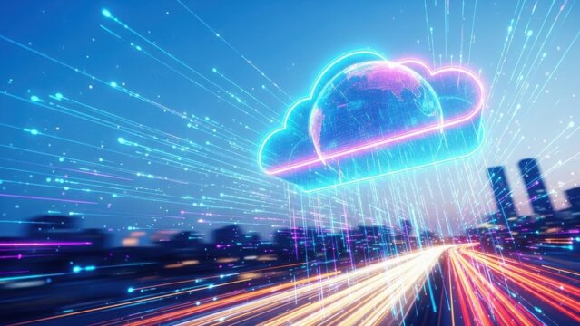 Global cloud computing technology with data flow and futuristic city background