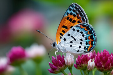 Obraz premium Butterfly with Orange and Blue Wings on Pink Flowers