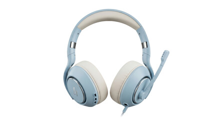 Isolated blue headphones with a boom mic for listening to music or talking on the phone