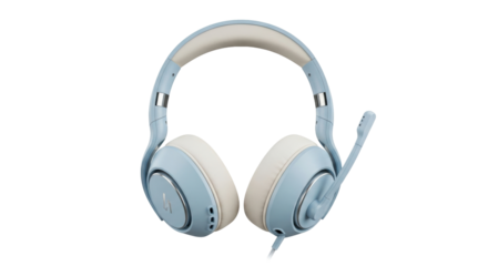 Isolated blue headphones with a boom mic for listening to music or talking on the phone