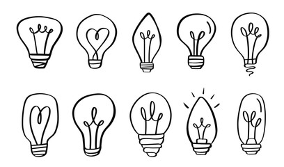 Vector Light Bulb Doodle Icons Set Electric Lamp