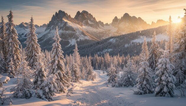 Golden sunrise over snowy mountain range and frosted forest capturing winter beauty in dolomite region of northern italy