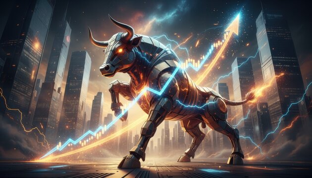 Futuristic cyber bull towering over city with glowing chart symbolizing bullish market trend and digital finance concept